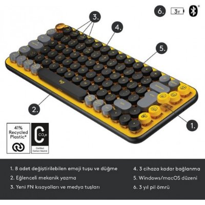 Logitech POP Keys Blast Özelleştirilebilir Emoji Tuşlu Mekanik Kablosuz Klavye 