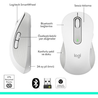 Logitech M650 Signature 910-006238 Beyaz Sessiz Büyük Boy Sağ El Optik Kablosuz Mouse