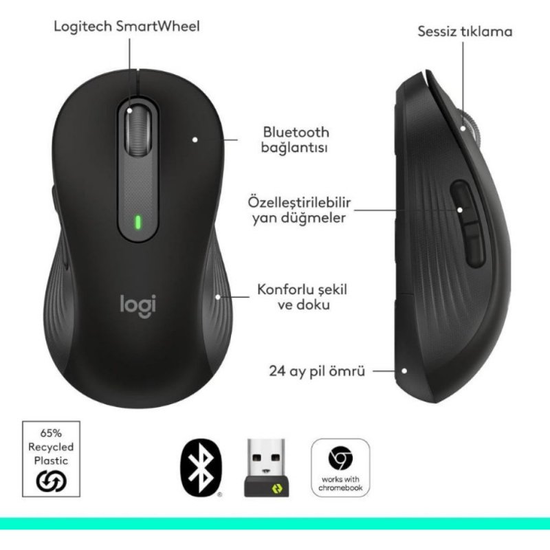 Logitech M650 Signature Sessiz Büyük Boy Sağ El Optik Kablosuz Mouse - Teşhir