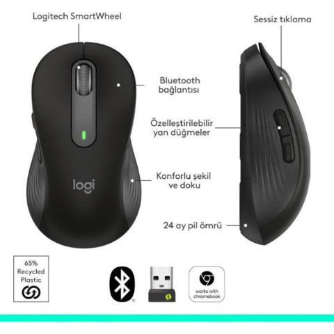 Logitech M650 Signature Sessiz Büyük Boy Sağ El Optik Kablosuz Mouse - Teşhir