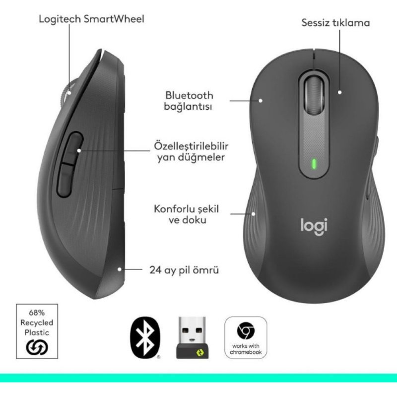Logitech M650 Signature 910-006236 Siyah Sessiz Büyük Boy Sol El Optik Kablosuz Mouse Teşhir