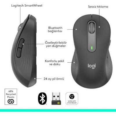 Logitech M650 Signature 910-006236 Siyah Sessiz Büyük Boy Sol El Optik Kablosuz Mouse Teşhir