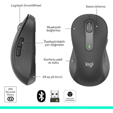 Logitech M650 Signature 910-006236 Siyah Sessiz Büyük Boy Sol El Optik Kablosuz Mouse Teşhir