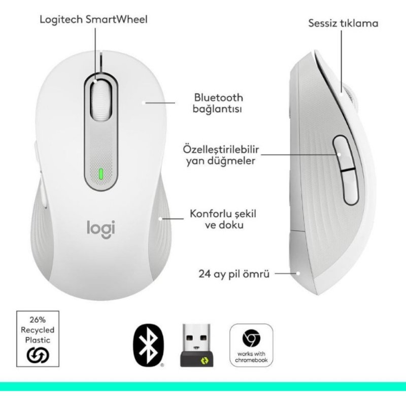 Logitech M650 Signature 910-006255 Beyaz Sessiz Küçük Boy Sağ El Kablosuz Mouse Outlet