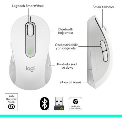Logitech M650 Signature 910-006255 Beyaz Sessiz Küçük Boy Sağ El Kablosuz Mouse Outlet