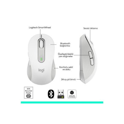 Logitech M650 Signature 910-006255 Beyaz Sessiz Küçük Boy Sağ El Kablosuz Mouse