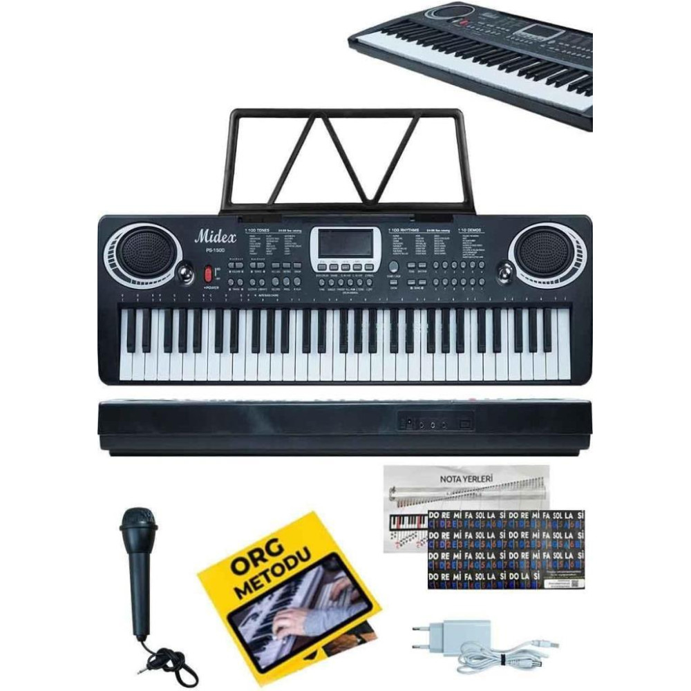Midex Ps-1500bk Başlangıç Için 61 Tuşlu Org Notalık Adaptör Mikrofon (100 SES 100 RİTİM) - TEŞHİR