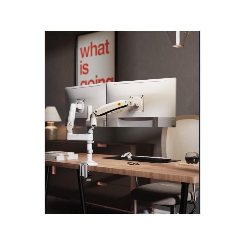 North Bayou H180 Beyaz 17-27 inç İki Kollu Amortisörlü Monitör Standı Teşhir