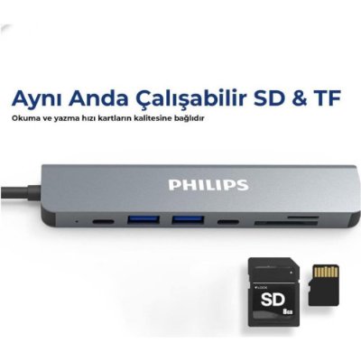 Philips Type C to PD 87W HDMI USB SD Micro SD Dönüştürücü Hub - Teşhir