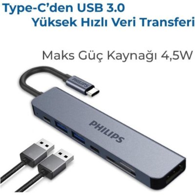 Philips Type C to PD 87W HDMI USB SD Micro SD Dönüştürücü Hub - Teşhir