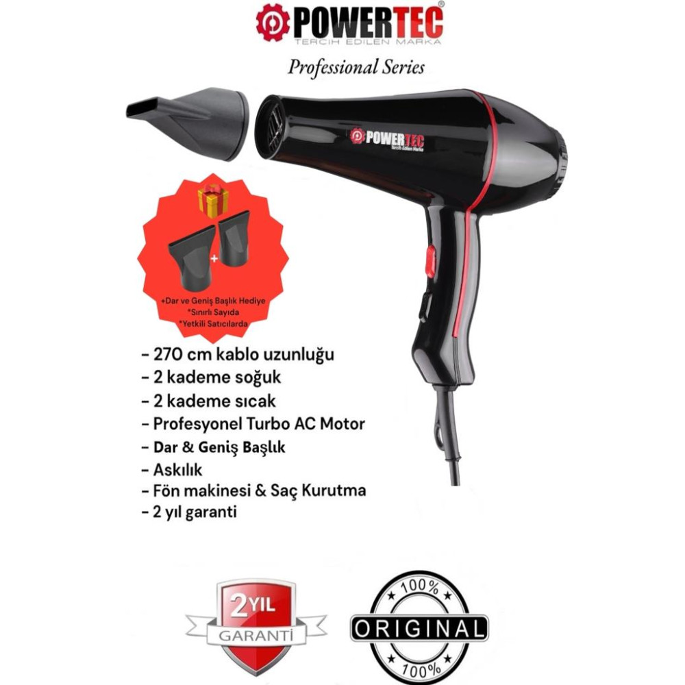 Powertec Profesyonel TR-601/TR-601S Turbo 2500 W Saç Kurutma Makinesi Teşhir