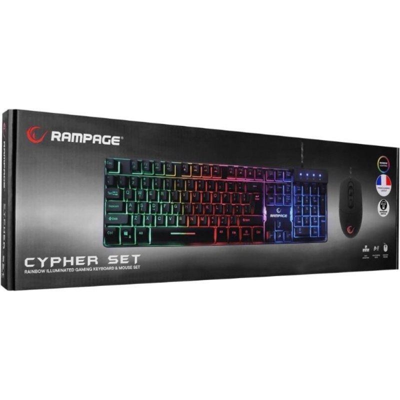 Rampage Siyah Usb Gökkuşağı Zemin Aydınlatmalı French/Arabic Layout Oyuncu Klavye + Mouse Set uyumlu Teşhir