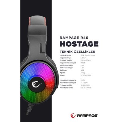 Rampage Hostage R46 RGB 7.1 USB Kablolu Kulak Üstü Oyuncu Kulaklığı Teşhir