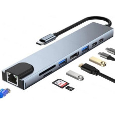Shaza 8in1 USB Type-C Hub Port Adaptör HDMI USB Ethernet PD Girişli, Gri
