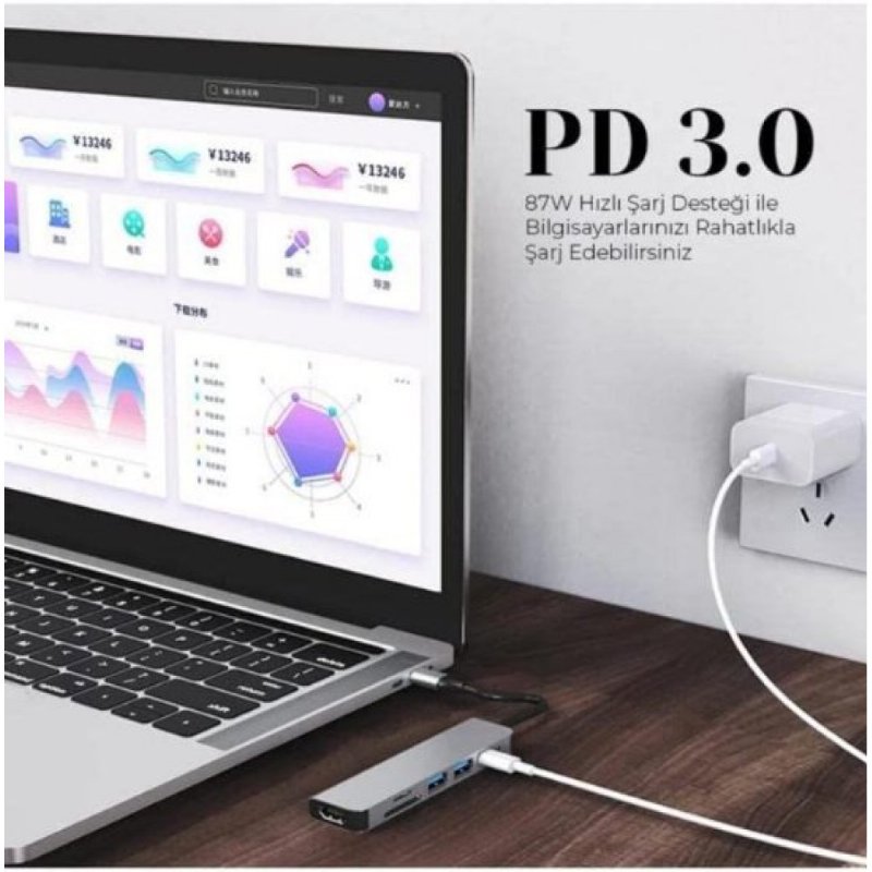 Shaza 8in1 USB Type-C Hub Port Adaptör HDMI USB Ethernet PD Girişli, Gri