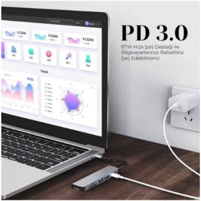Shaza 8in1 USB Type-C Hub Port Adaptör HDMI USB Ethernet PD Girişli, Gri