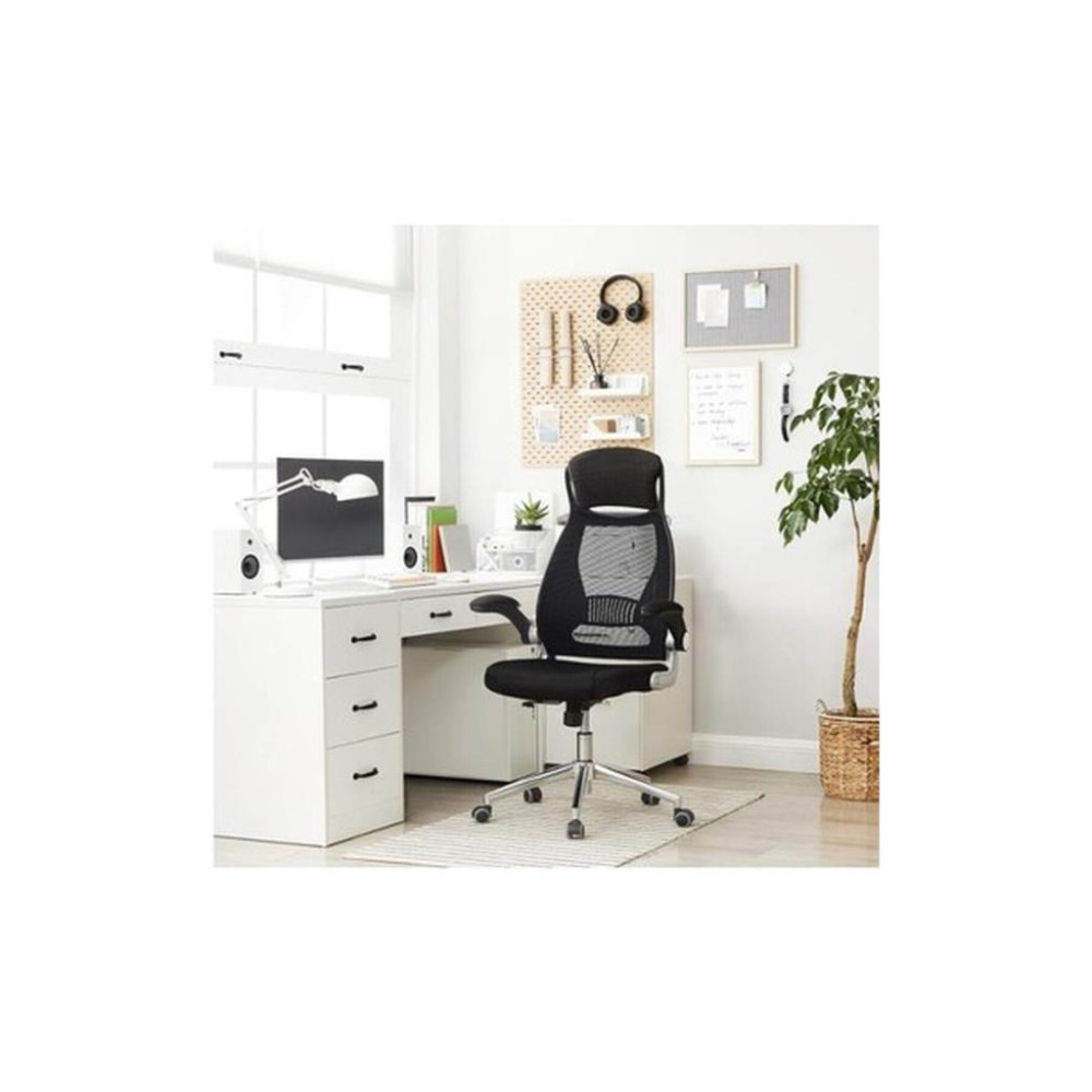 Songmics Ofis Koltuğu, Döner Sandalye, Yönetici Koltuğu, Başlıklı Ofis Döner Koltuğu, Katlanabilir Kolçaklar, Sallanma Fonksiyonu, Siyah Obn86Bk, 64 X 54 X (113-123) Cm Teşhir