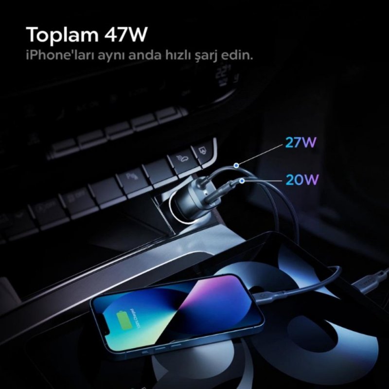 Spigen 47W USB-C 2 Port Araç içi Adaptör + Lightning Şarj Kablosu - Hızlı Şarj Aleti iPhone & iPad Type-C PC2100 - ACP04205- OUTLET