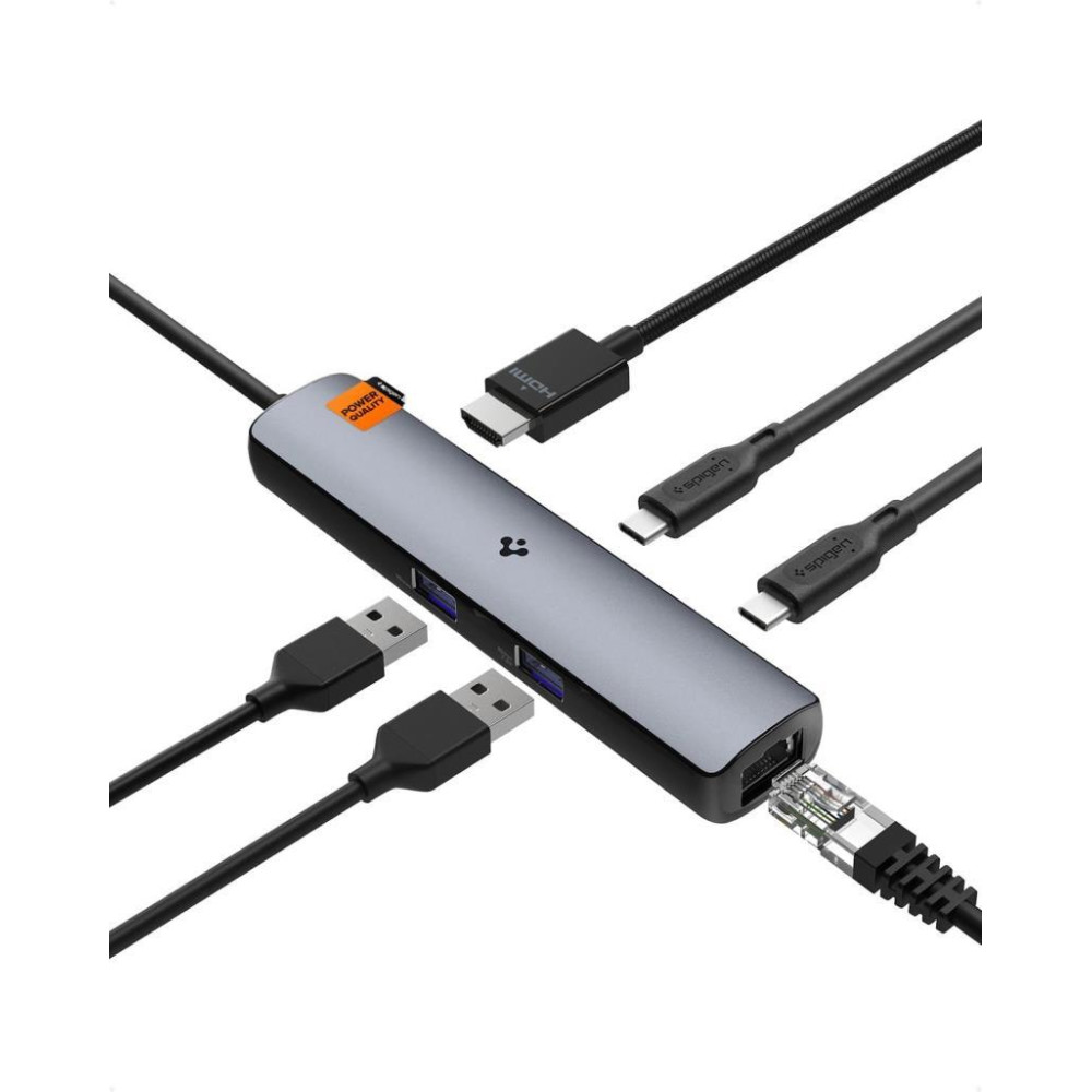 Spigen ArcDockPro 100W Güç Adaptörü 6in1 USB-C Multi Hub / Çoklayıcı 6 Port / 8k 60hz / Ethernet 2.5Gbps / Usb4 Gen3 / MacBook PD2302 Space Gray - ACA06193 Outlet