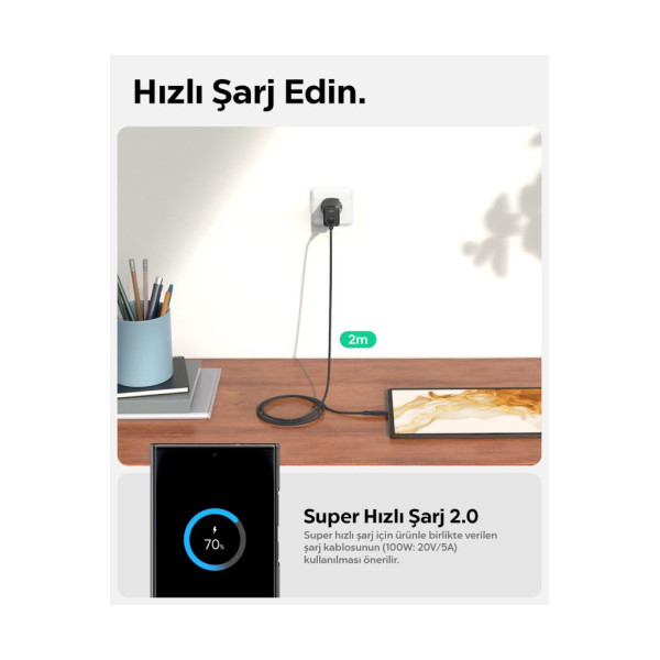 Spigen 65W USB-C Hızlı Şarj Aleti + 2m Şarj Kablo Samsung PPS 2.0 GaN Super Hızlı Type-C Black - ACH05475 Outlet