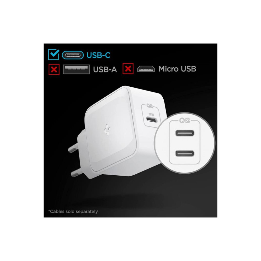 Spigen 30W GaN USB-C Adaptör Hızlı Şarj Aleti iPhone&Android&iPad&MacBook Type-C PE2008 White Outlet