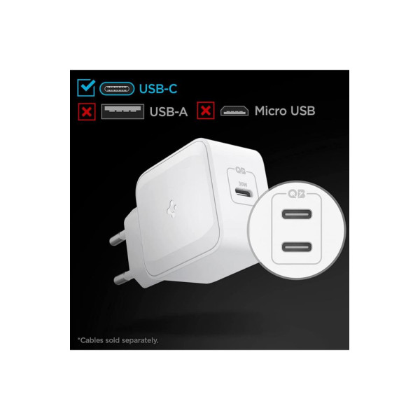 Spigen 30W GaN USB-C Adaptör Hızlı Şarj Aleti iPhone&Android&iPad&MacBook Type-C PE2008 White Outlet