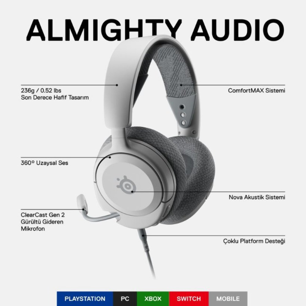 SteelSeries Arctis Nova 1P Beyaz Kablolu Kulak Üstü Oyuncu Kulaklığı - TESHİR