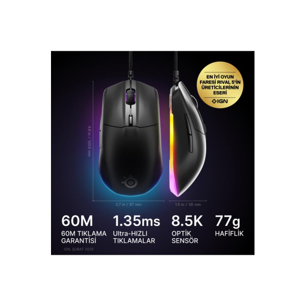 SteelSeries Rival 3 Gen 2 Siyah RGB Optik Kablolu Oyuncu Mouse Teşhir