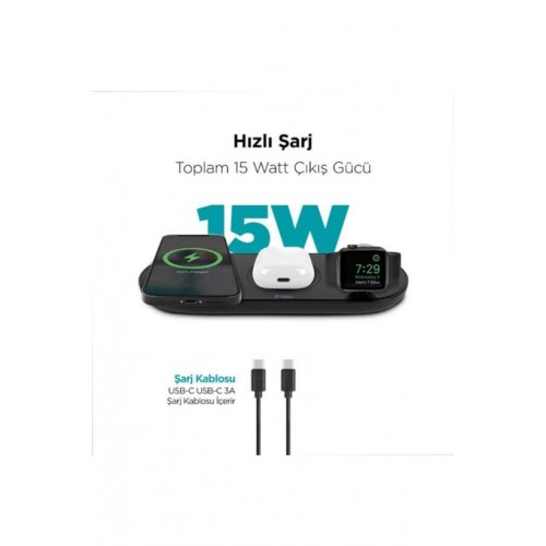 ttec AirCharger Trio 3'ü 1 Arada iPhone + Apple Watch + AirPods Kablosuz Hızlı Şarj Aleti