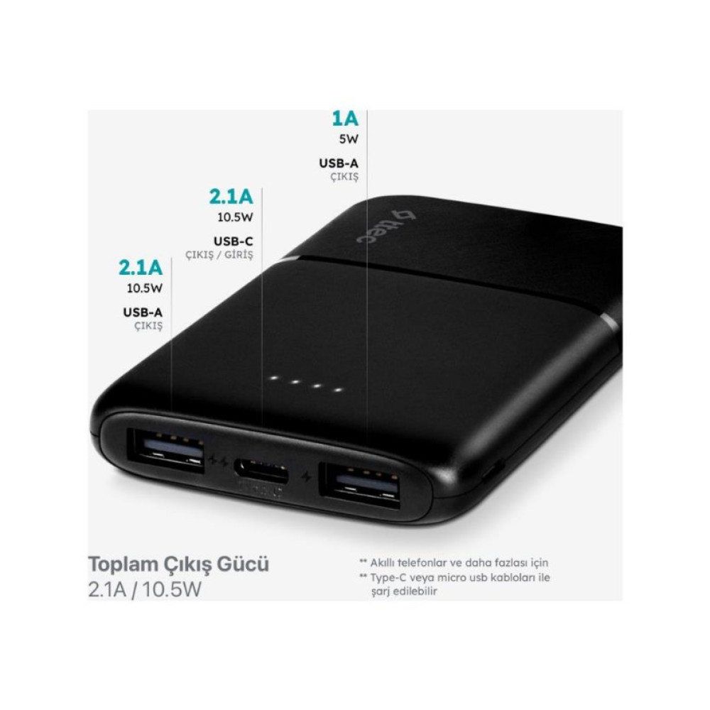 Ttec PowerCard S 2BB170S 5000 mAh 2A Hızlı Şarj LED Pil Göstergesi 2 USB Çıkışlı Powerbank