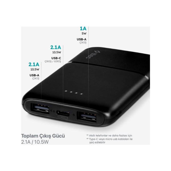 Ttec PowerCard S 2BB170S 5000 mAh 2A Hızlı Şarj LED Pil Göstergesi 2 USB Çıkışlı Powerbank