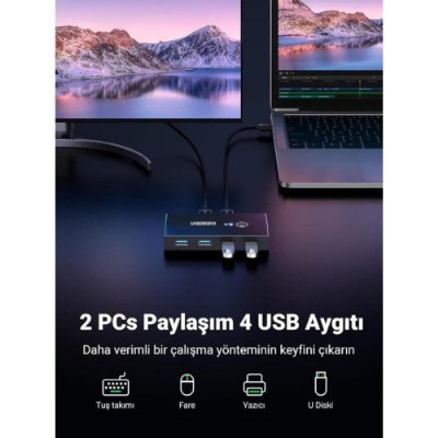 Ugreen 4 Port USB PC Switch Paylaşım Adaptörü, Siyah Teşhir