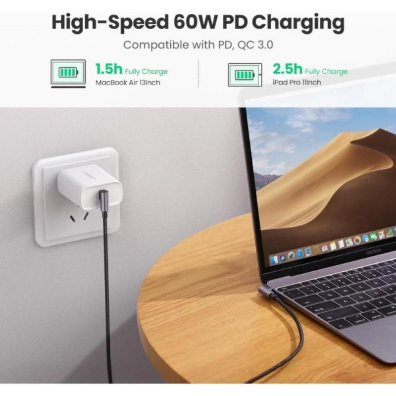 Ugreen 90 Derece Type-C to Type-C 60W Data ve Şarj Kablosu 1 Metre