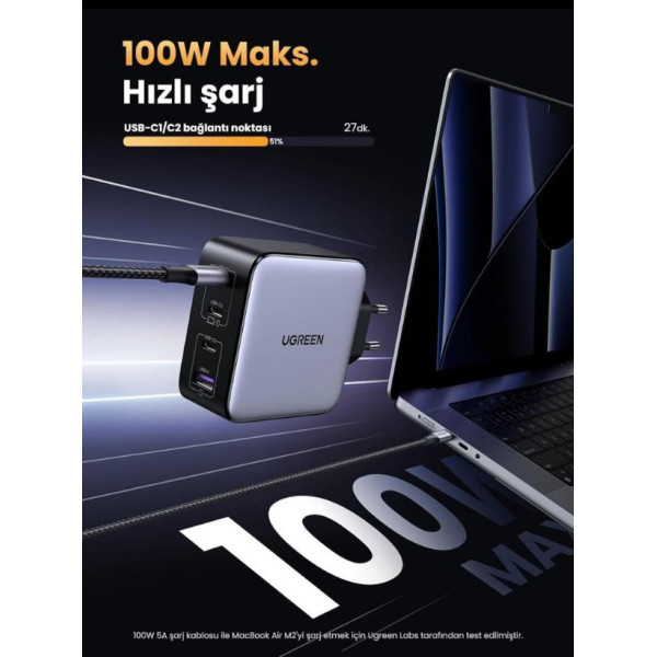 Ugreen Gan X 100 W 4 Port Hızlı Şarj Adaptörü Teşhir