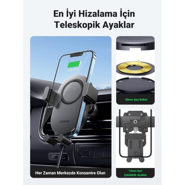 Ugreen 15w Kablosuz Şarj Destekli Araç Içi Sensörlü Otomatik Telefon Tutucu Outlet
