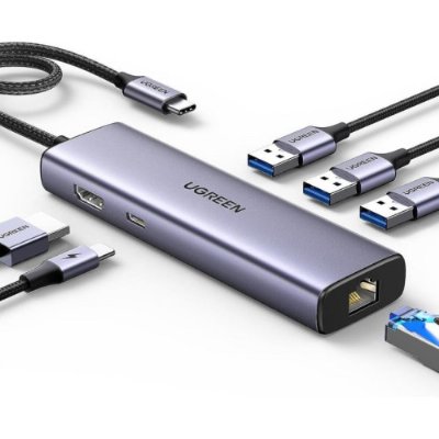 UGREEN USB C Bağlantı İstasyonu, 4K HDMI, Ethernet, PD 100W, 3 USB A 3.0 USB C Hub 5Gbps MacBook Pro/Air, iPad Pro/Air, Surface