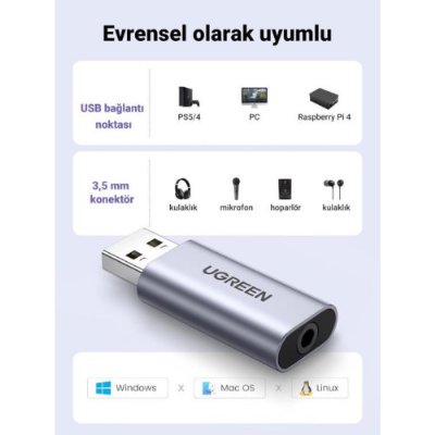 UGREEN USB Ses Kartı USB'den Aux Ses Mikrofon Adaptörüne Harici Stereo Ses Kartı USB'den 3.5mm'ye TRRS Kulaklık Jakı Dönüştürücü PC, MacBook, PS, Raspberry Pi, Kulaklık, Hoparlör Outlet 
