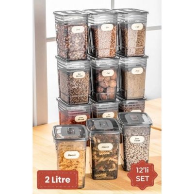 Vienev Etiketli 12li Set Strip Mega Boy Erzak Saklama Kabı 2 Litre Antrasit STRIP12LI-2