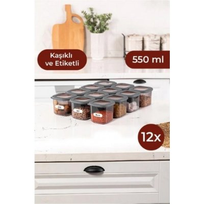 Vienev Etiketli Ve Kaşıklı Kare Erzak Saklama Kabı Seti 12li 0,55 Küçük Boy Antrasit 12LI-055-1