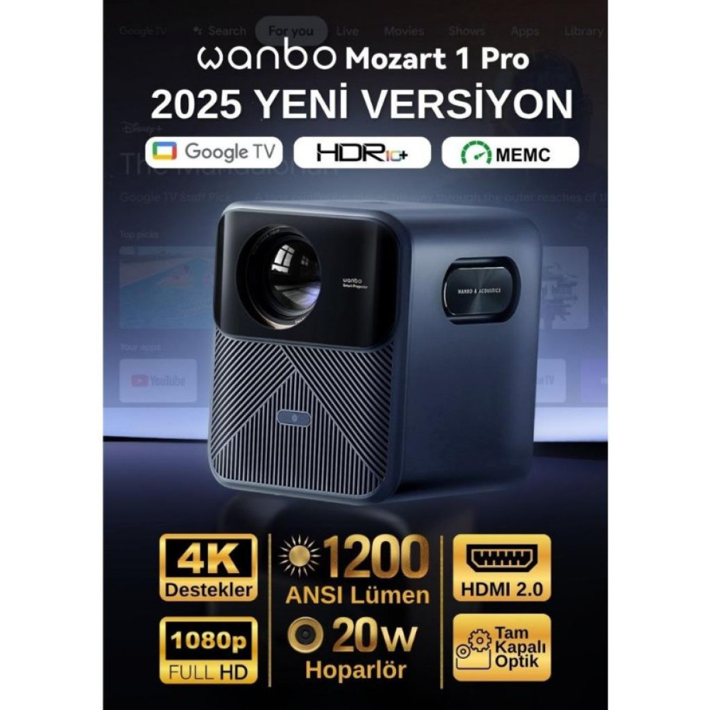 WANBO Mozart 1 Pro Akıllı Projeksiyon Cihazı – 1200 ANSI, Google TV, HDR, MEMC, Lisanslı | 2025 Yeni Versiyon