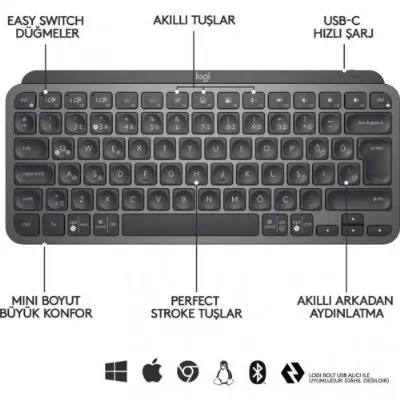 Logitech MX Keys Mini Minimalist Kablosuz Bluetooth Aydınlatmalı Türkçe Q Klavye - Siyah
