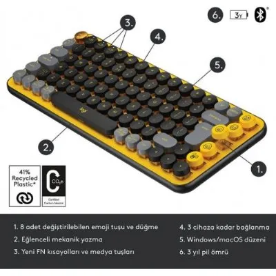 Logitech POP Keys Blast Özelleştirilebilir Emoji Tuşlu Mekanik Kablosuz Klavye 