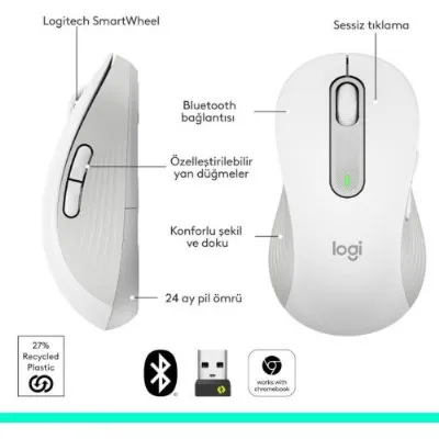 Logitech M650 Signature 910-006238 Beyaz Sessiz Büyük Boy Sağ El Optik Kablosuz Mouse