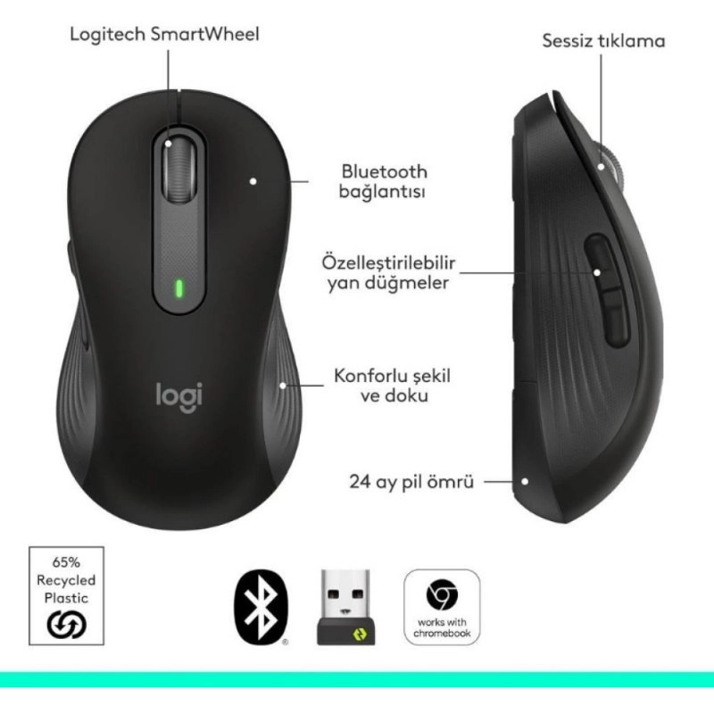 Logitech M650 Signature Sessiz Büyük Boy Sağ El Optik Kablosuz Mouse - Teşhir