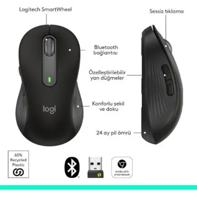 Logitech M650 Signature Sessiz Büyük Boy Sağ El Optik Kablosuz Mouse - Teşhir